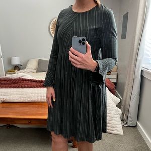 Long ruffle sleeve pin striped dark green dress